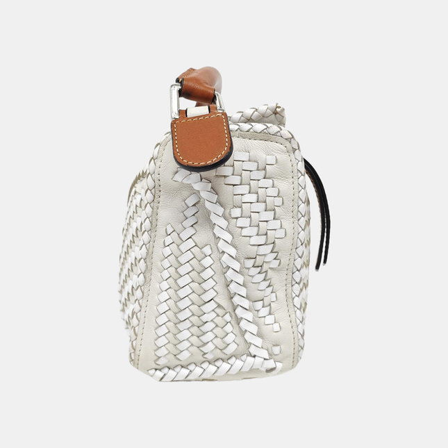 Loewe Puzzle Small Leather Woven Braided White Crossbody Bag