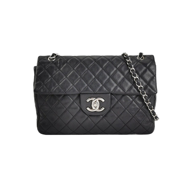 Chanel Classic Flap Maxi Black Soft Caviar Leather Silver-tone Hardware Giant CC Logo