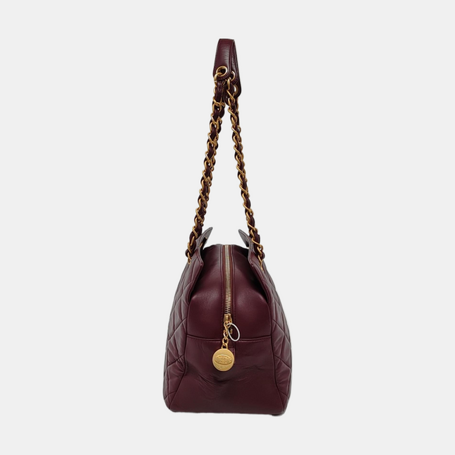 Chanel Petite Shopping Tote PTT Burgundy Lambskin Leather Gold-Tone Chain Shopping Bag