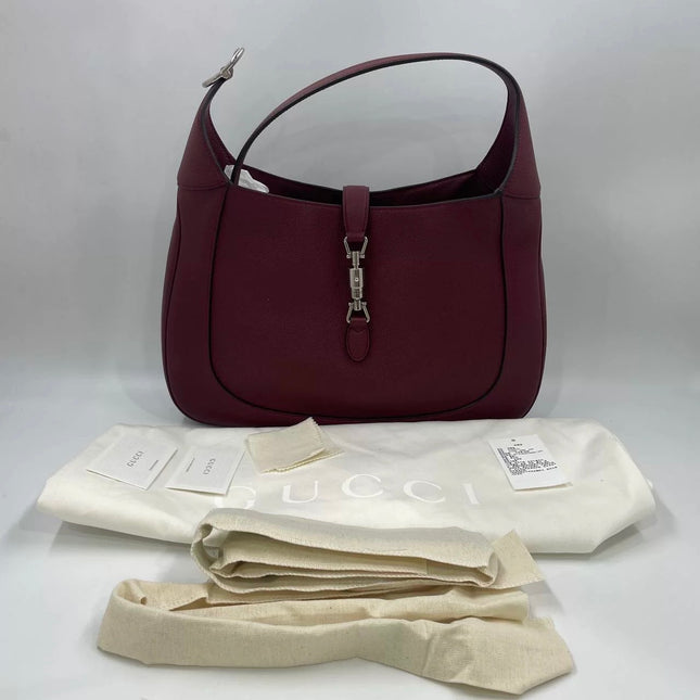 Gucci Jackie 1961 Burgundy Large Pebbled Leather Shoulder Bag with Strap