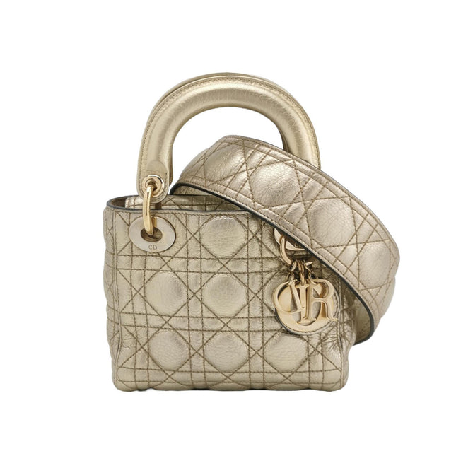 Lady Dior Mini Supple Calfskin Leather Gold Cannage Handbag with Strap-Luxbags
