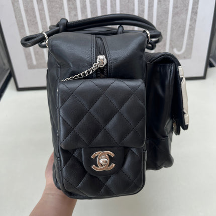 Chanel Cambon Multi-pocket Ligne Reporter Bag Large Black Calfskin Leather White Logo