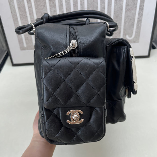 Chanel Cambon Multi-pocket Ligne Reporter Bag Large Black Calfskin Leather White Logo