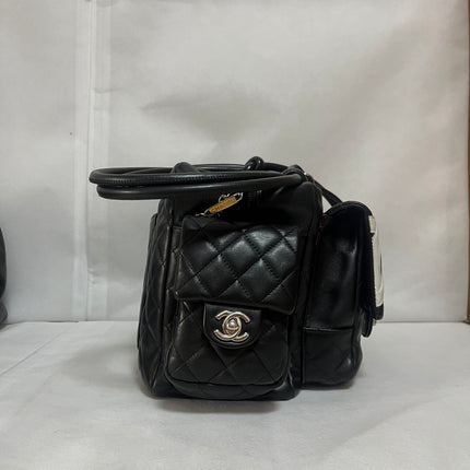Chanel Cambon Multi-pocket Ligne Reporter Bag Large Black Calfskin Leather White Logo
