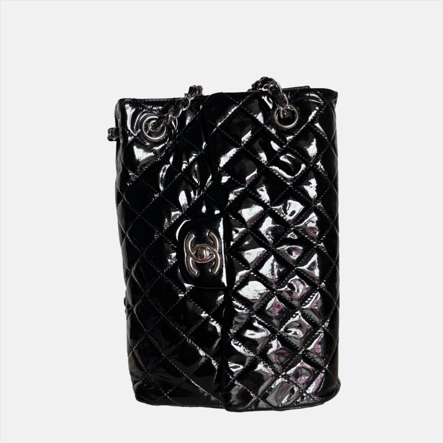 Chanel Upside Down Flap Bag Black Diamond Quilted Patent Leather Silver Hardware