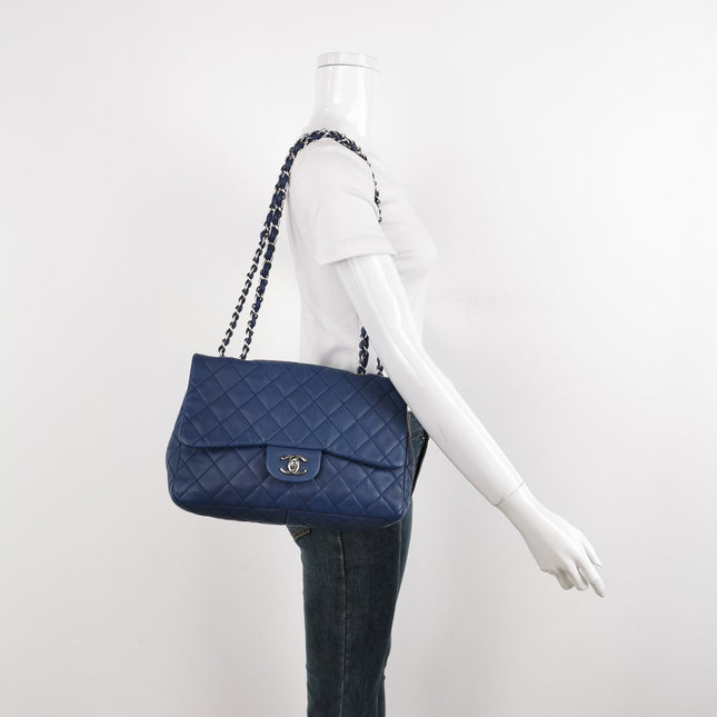 Sold Chanel Classic Flap Large Navy Blue Caviar Leather Silver-tone Hardware