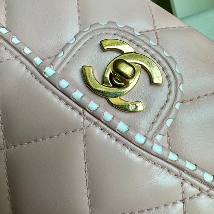 Chanel Classic Flap Medium Happy Stitch Pink Leather with Contrast White Trim