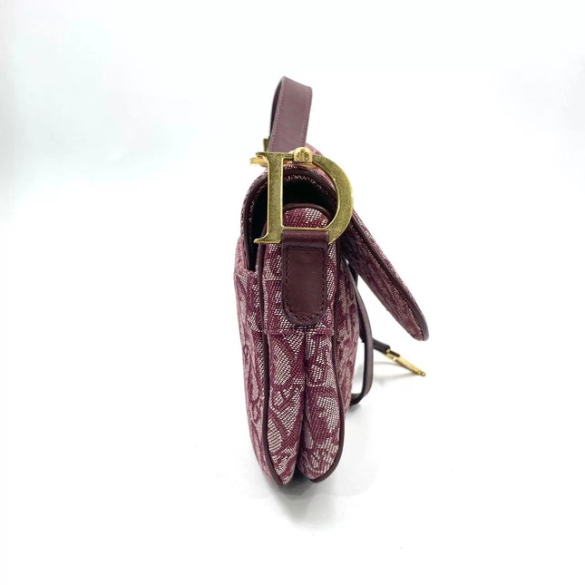 Dior Vintage Double Saddle Burgundy Oblique Monogram Canvas Gold Hardware