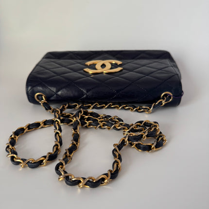 Chanel Vintage Classic Flap Mini Navy Lambskin Mega CC Logo 24k Gold HW, 1989-1991