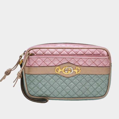 Gucci Pink Teal Mini Metallic Laminated Trapuntata Leather Horsebit Clutch-Luxbags