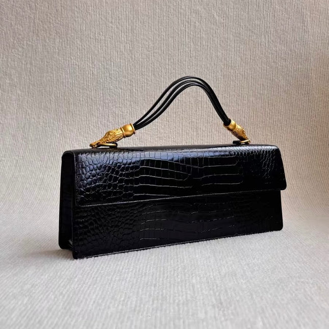 Hiroko Koshino Black Crocodile Print Calfskin Leather East West Clutch Bag-Luxbags