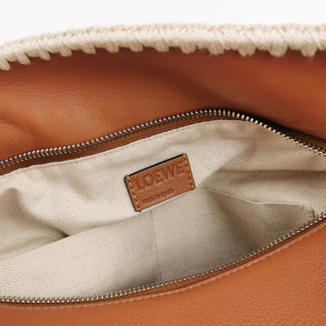 Loewe Puzzle Calfskin Crochet Trim Medium Caramel Tan Leather Bag