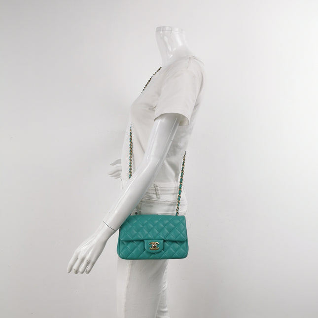 Chanel Classic Flap Mini 2018 Turquoise Blue Green Lambskin Leather Gold Hardware