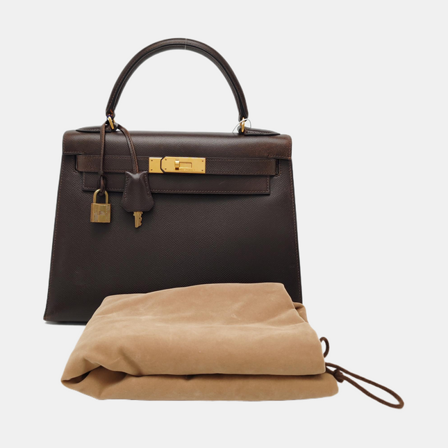 Hermes Kelly 28 Vintage Sellier Dark Brown Epsom Leather Gold Hardware 1990