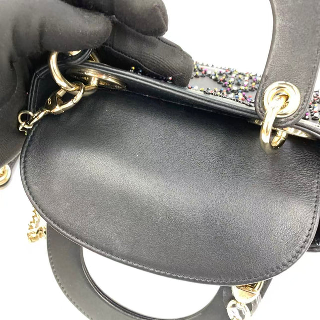 Lady Dior Mini Black Calfskin Leather with Multicolor Crystals Gold Hardware