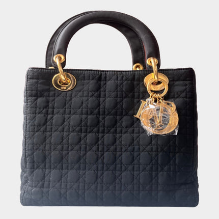 Lady Dior Vintage Medium Black Cloth with Yellow Gold-tone Hardware