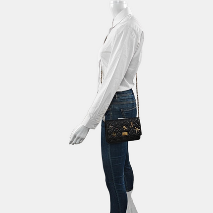 Chanel 2.55 Wallet on Chain Quilted Black Calfskin Leather Beatles Charms Gold Hardware
