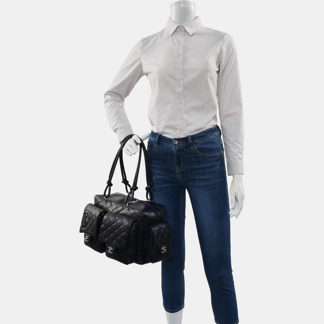 Chanel Cambon Multi-pocket Ligne Reporter Bag Large Black CC on Black Calfskin Leather