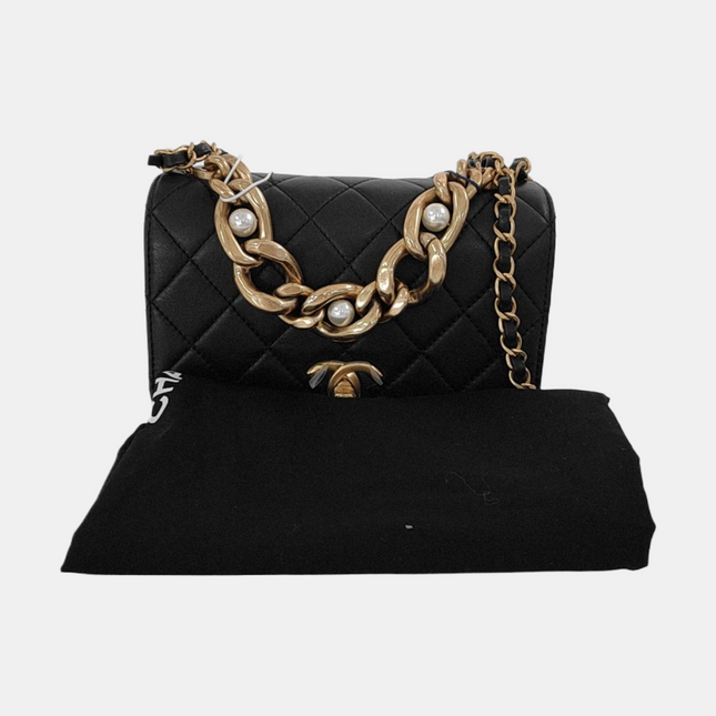 Chanel Classic Flap Mini Pearl Chain Black Lambskin Gold Hardware