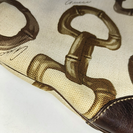 Gucci Jackie Vintage Medium Horsebit Print Cloth and Brown Leather Gold Hardware