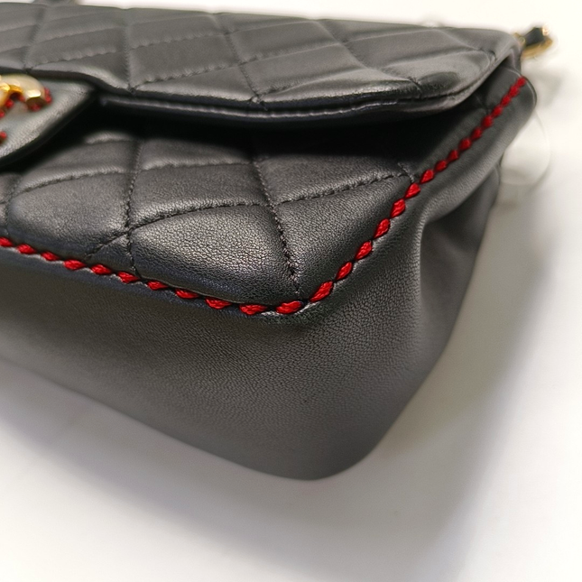 Chanel Black Lambskin Red Stitching Single Flap Double Chain Bag 2017