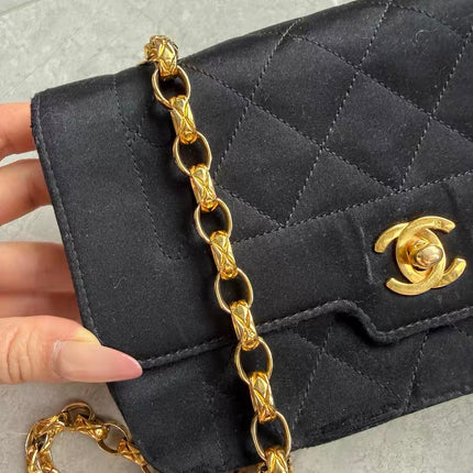 Chanel Diana Flap Bag Mini Black Silk Satin Bijou Chain
