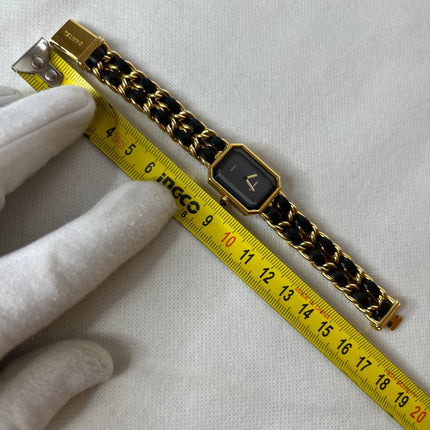 CHANEL 1987 Vintage PREMIERE Watch Medium Black Leather and 24KT Yellow Gold Plated