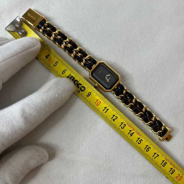 CHANEL 1987 Vintage PREMIERE Watch Medium Black Leather and 24KT Yellow Gold Plated