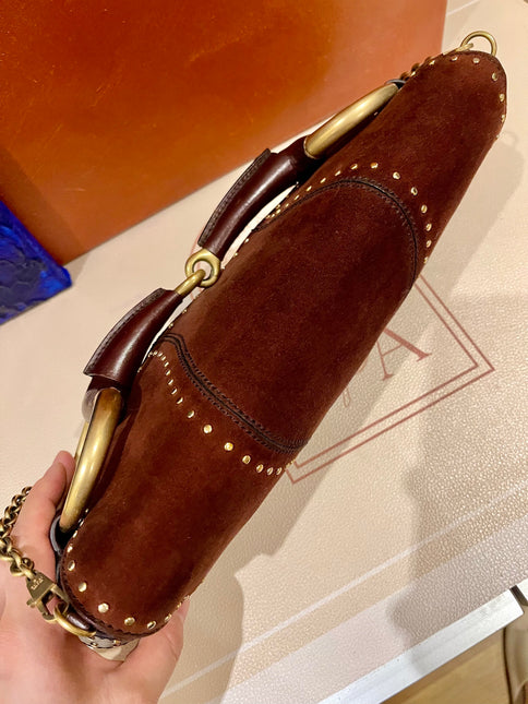 Sold Gucci Horsebit 1955 Chain Suede leather bag in Burgundy with gold studs