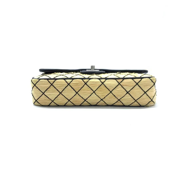 Chanel Medium Straw Wicker Flap Bag Black Diamond Wild Stitch