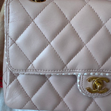 Chanel Classic Flap Medium Happy Stitch Pink Leather with Contrast White Trim