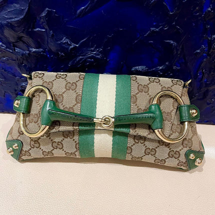Gucci Horsebit 1955 Chain Bag Gucci Monogram Green Leather and Gold Studs