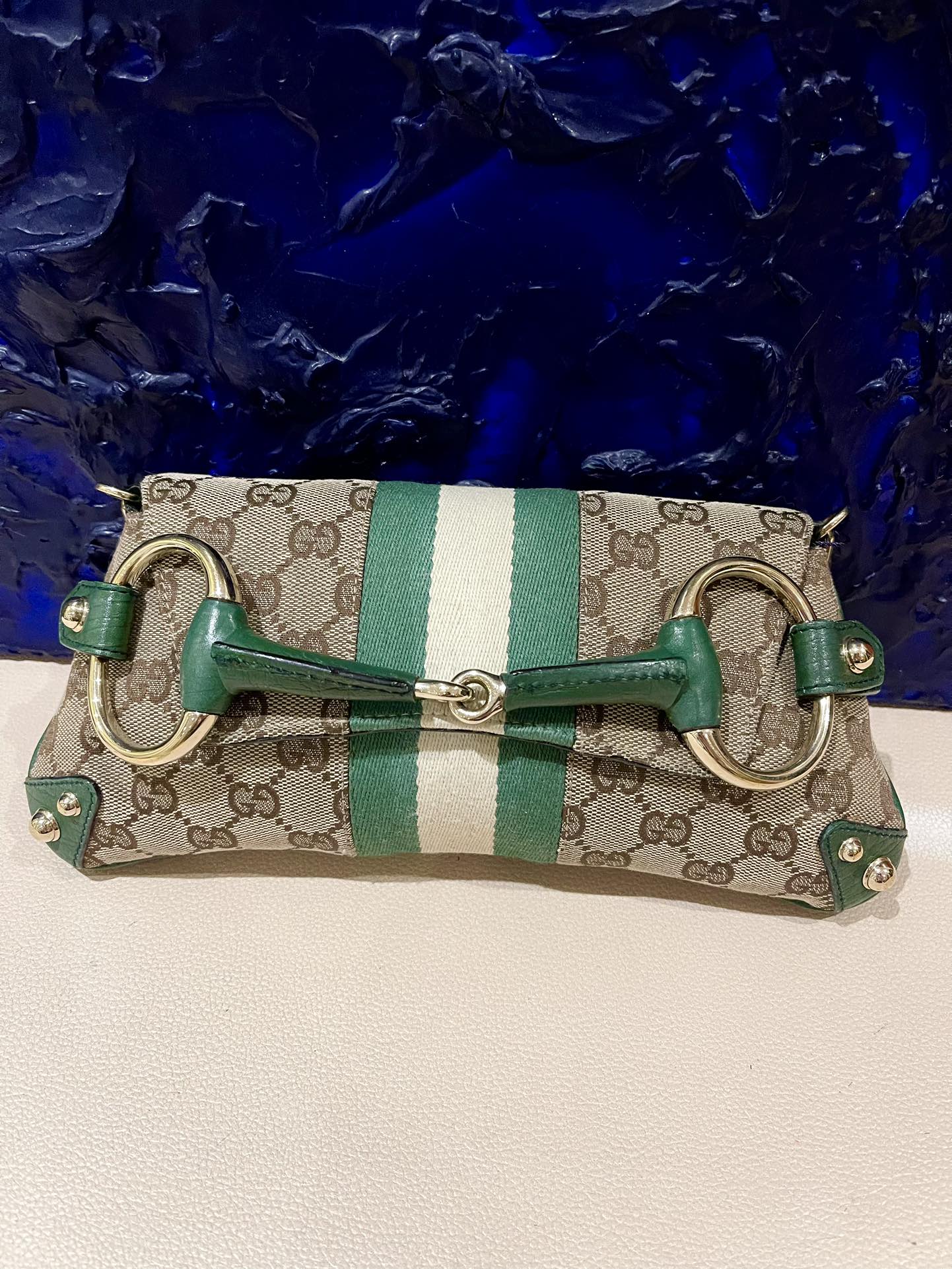 Gucci Horsebit 1955 Chain Bag Gucci Monogram Green Leather and Gold Studs