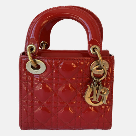 Lady Dior Patent Leather Red Mini handbag with gold hardware-Luxbags
