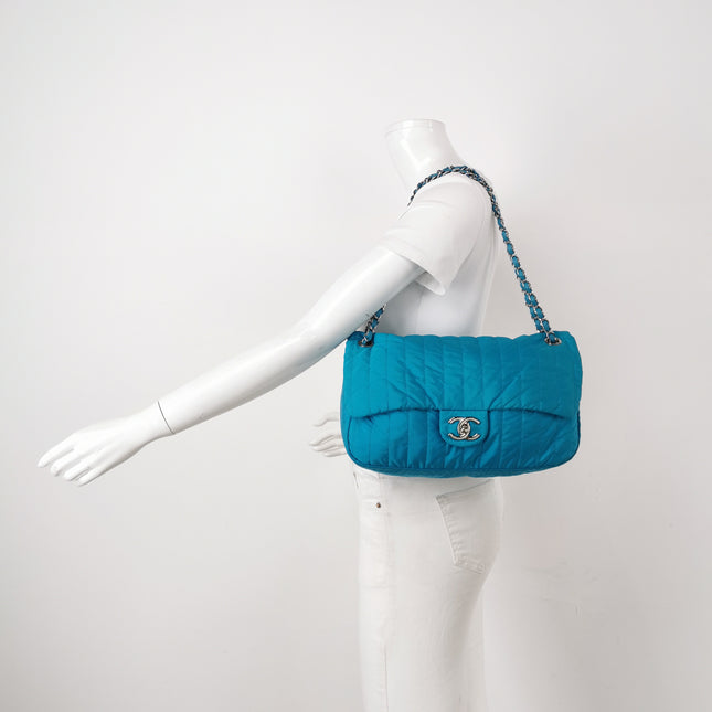 Chanel Blue Quilted Nylon Puffer Jumbo Flap Bag Chain Strap