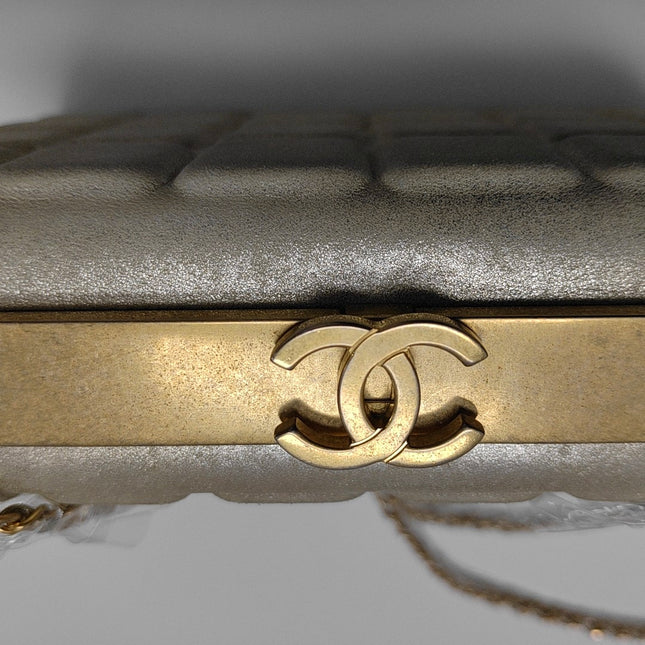 Chanel KissLock Chocolate Bar Box Metallic Gold Lambskin Crossbody Bag