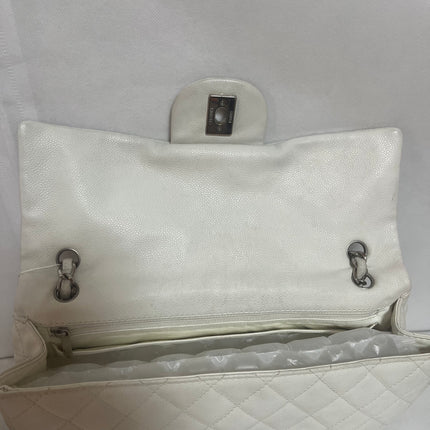 Chanel Classic Flap Maxi White Caviar Leather Silver-tone Hardware Giant CC Logo