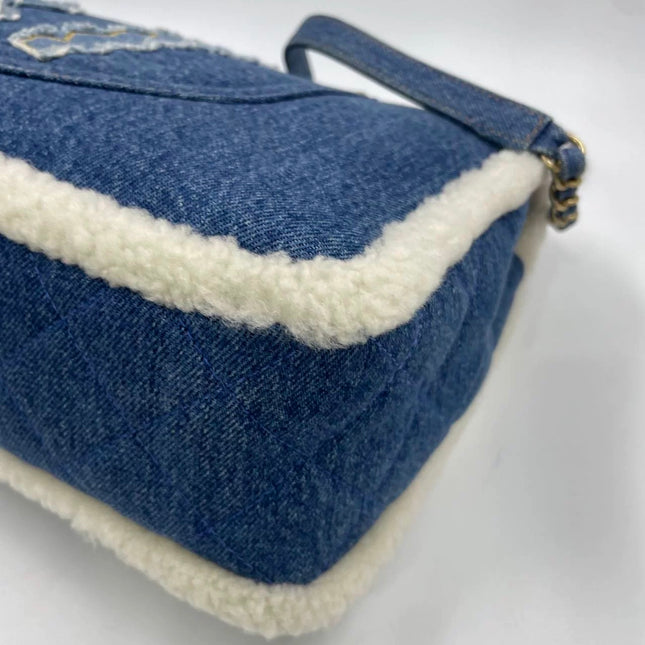 Chanel Blue Denim White Shearling Egyptian Hieroglyph Maxi Flap Bag Gold Hardware, 2019