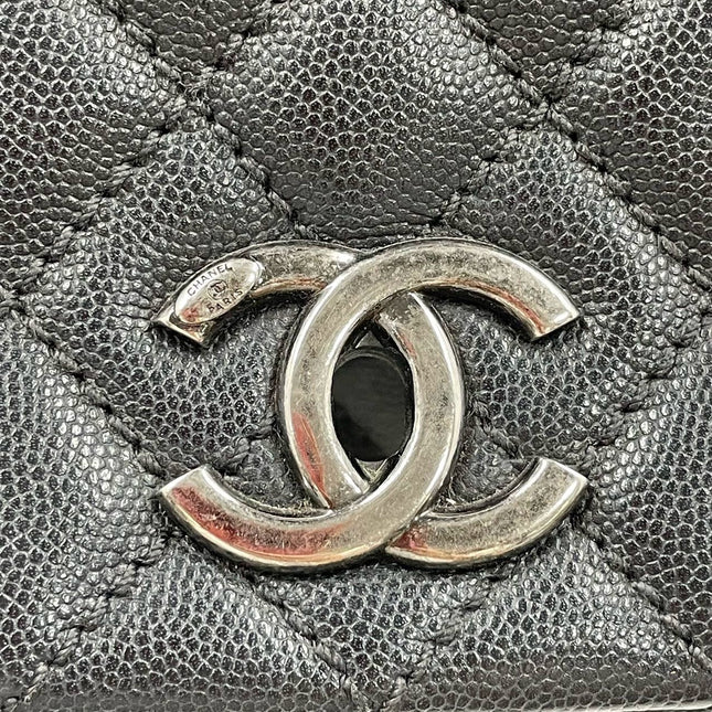 Chanel Coco Handle Maxi Black Caviar Leather Burgundy Lizard Handle Silver Hardware 32cm