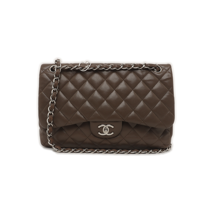 Chanel Classic Flap Jumbo 2012 Coffee Brown Caviar Leather Double Flap Silver Hardware-Luxbags