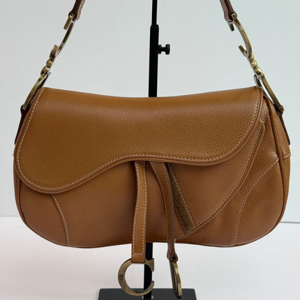 Dior Vintage Double Saddle Brown Leather Gold-tone Hardware