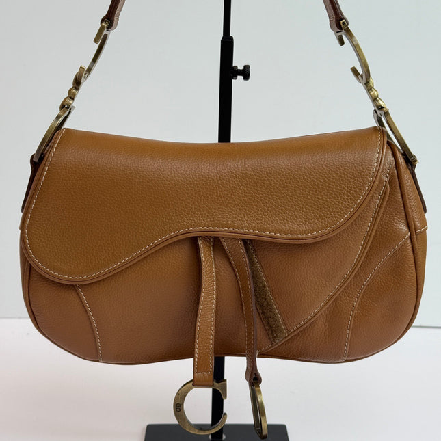 Dior Vintage Double Saddle Brown Leather Gold-tone Hardware