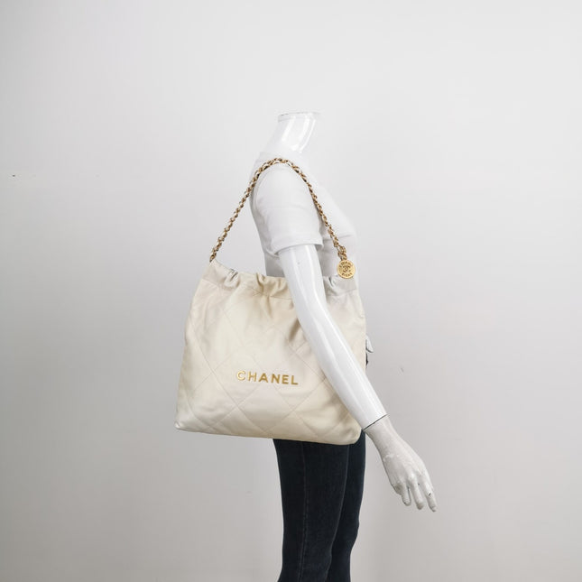 Sold Chanel 22 Hobo Bag Medium Shiny Calfskin Leather White with Gold-tone Hardware