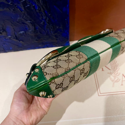 Gucci Horsebit 1955 Chain Cloth Gucci Monogram Green Leather and Gold Studs
