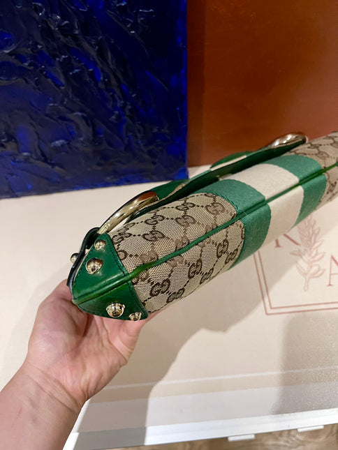 Gucci Horsebit 1955 Chain Cloth Gucci Monogram Green Leather and Gold Studs