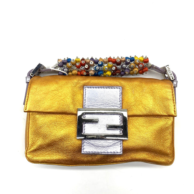 Fendi Baguette Mini Gold Nappa Leather with Beaded Strap-Luxbags