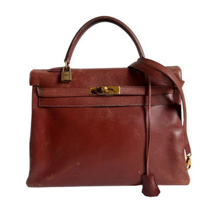 Hermes Kelly 35 Vintage Brown Box Calfskin Leather Gold Hardware 1995 With Strap Lock Key n Clochette