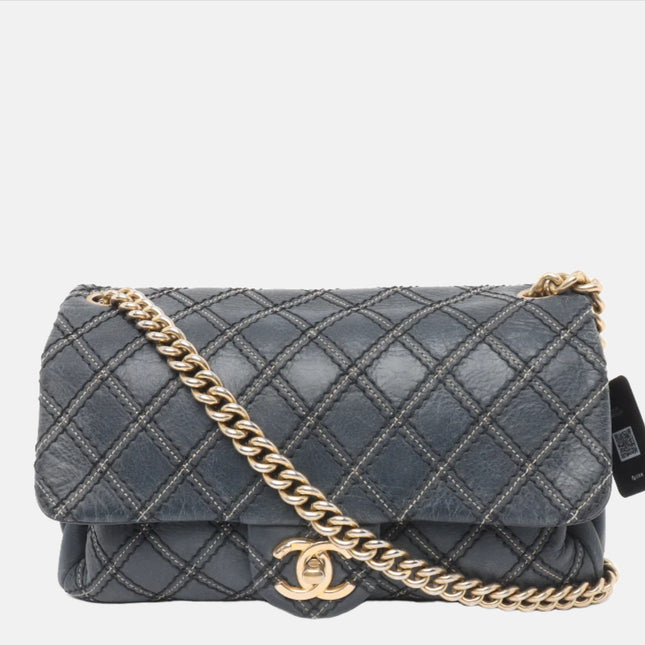 Chanel Classic Flap 2014 Medium Navy Fabric Diamond Quilting Crossbody Bag-Luxbags