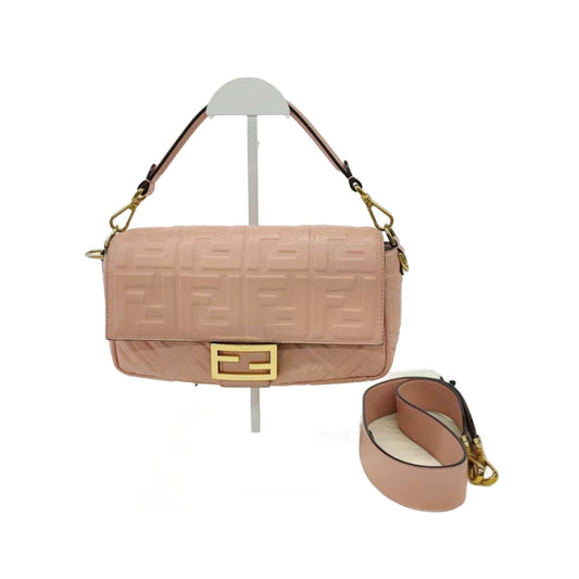 FENDI Baguette Rosa Bourbon Pink Leather 3D FF Motif Crossbody bag-Luxbags