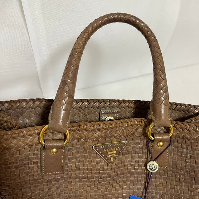 Prada Madras Brown Woven Leather Top Handle Shopping Tote